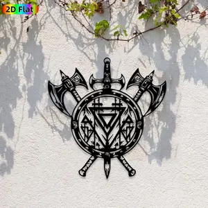 1pc Viking Sword & Axe Metal Wall Art,Viking Shield Statue Mural, Ideal Gift for Halloween, New Year, Viking Decor Enthusiasts, Rust-Resistant Metal Wall Decor Wall Sculptures, Perfect for Home Wall & Garden Fence, Unique Artistic Medieval-Themed Wall Art