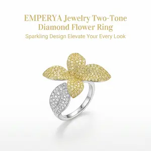 EMPERYA Luxury Two-Tone Flower Ring  Aesthetic Pave Diamond Four-Leaf Clover Ring Jewelry, Unique Gold & Silver Leaf Design Statement Ring Anniversary Gift
