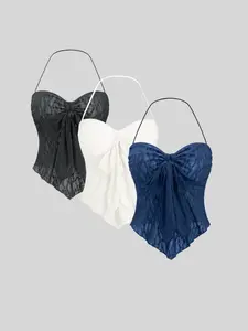 European and American hot girls sexy lace halter neck bow vest Camisole solid color women's top three set Fitted