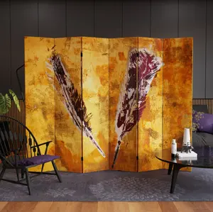 Double Sided 6 ft. Tall Flight Canvas Room Divider with Feather Design and Golden Yellow Background