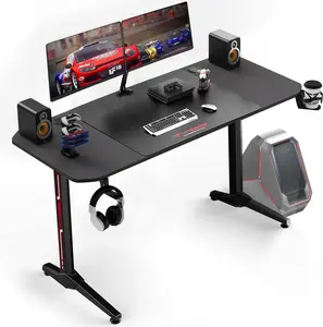 PUKAMI Ergonomic Gaming Desk 55 Inch, T Shaped Office PC Computer Desk with Desk Mouse Pad, Gamer Tables with Gaming Handle Rack, Cup Holder Headphone Hook