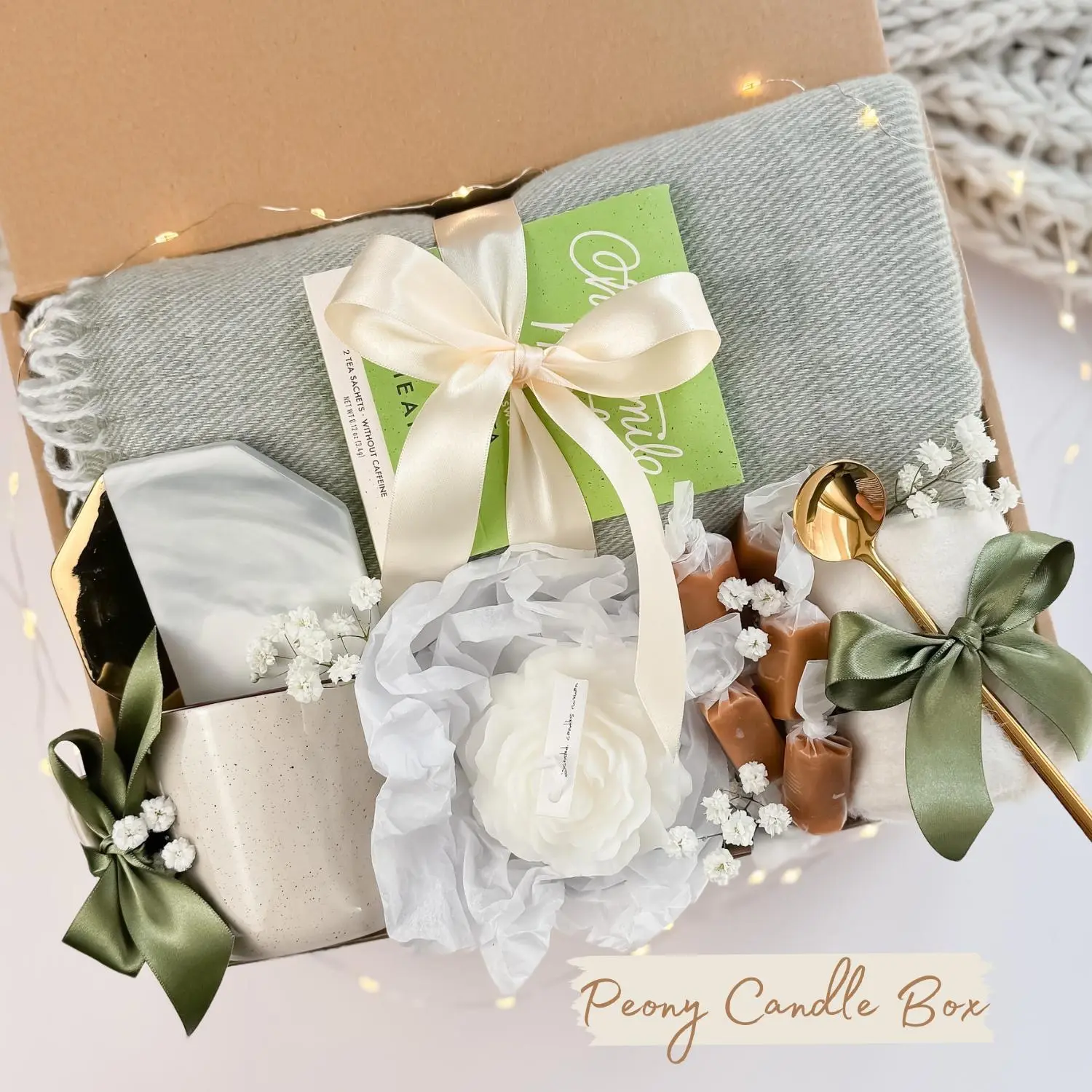 Peony Gift Box - Viral Gift Set with Tea, Handmade Flowers, Tea Mug, Scented Candle, Cozy Throw Blanket & More for Any Occasion