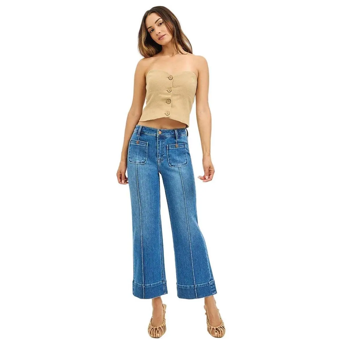 Slat Tree Women's High-Waist Cropped Wide-Leg Jeans - Style with Front Pintuck Seam, Expandable Cotton Blend Denim, Button Patch Pockets, Lightweight Comfort Fit, True Odd Sizes, All-Season Women's Bottoms, Cold Wash Friendly