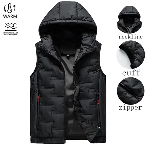 Men’s Fitted Woven Hooded Zip Front Waistcoat - Sleeveless Gilet, Cozy Men's Clothing, Winter Streetwear Apparel, Size L, Zip Front Waistcoats & Gilets