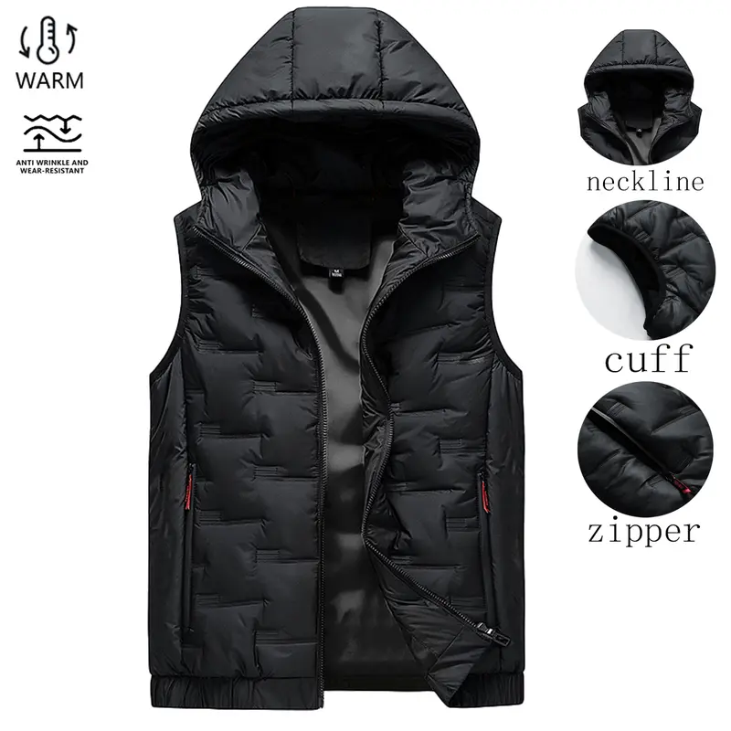 Men’s Fitted Woven Hooded Zip Front Waistcoat - Sleeveless Gilet, Cozy Men's Clothing, Winter Streetwear Apparel, Size L, Zip Front Waistcoats & Gilets