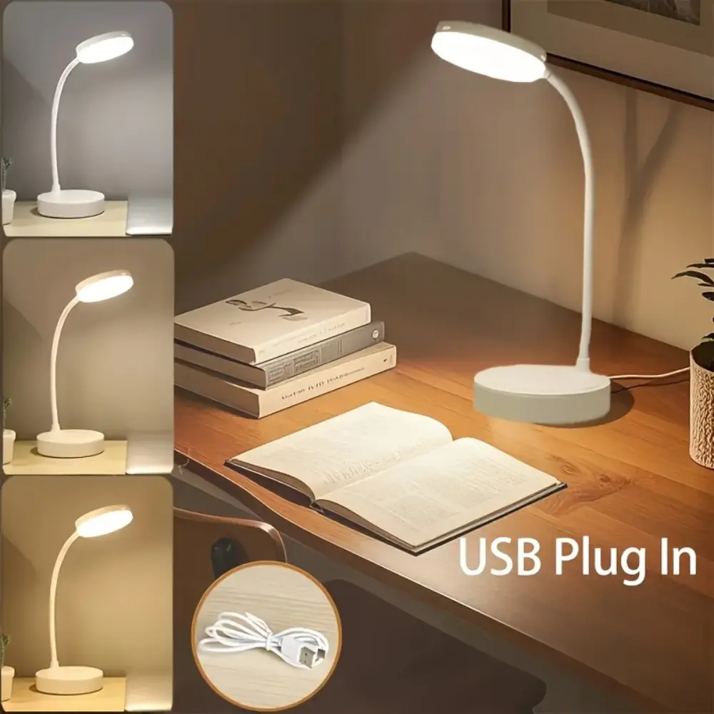 USB-Powered LED Desk Lamp - Compact Flexible Gooseneck Eye-Safe Reading Light with 3 Light Modes, Adjustable Brightness, Plastic Base, Plastic Shade, 5W Power, Dimmable Ambient Lighting for Bedroom, Office