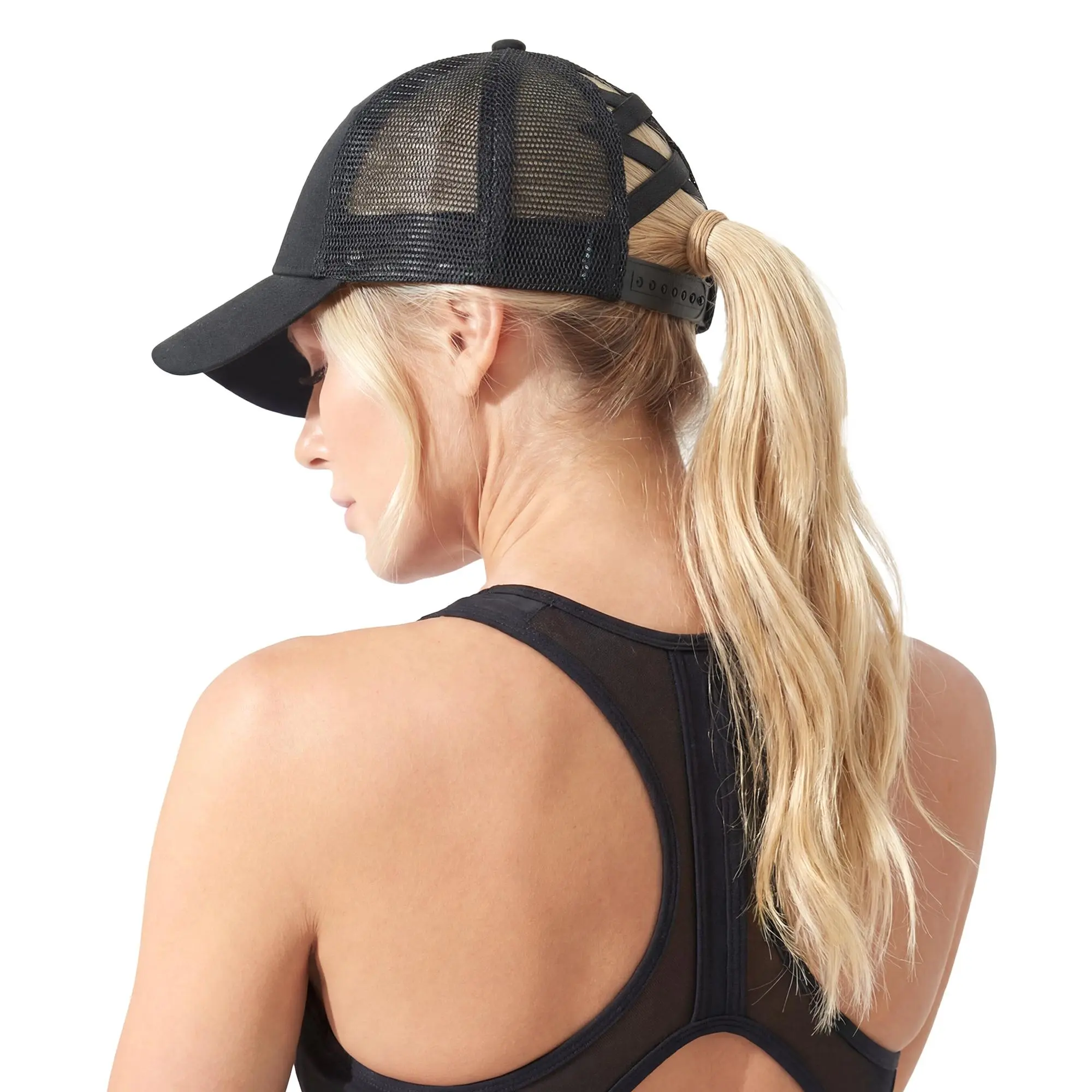 Crisspony Classic Mesh Cotton Trucker Ponytail Hat Sports Workout Daily Hat for Women Trucker Hat_Black