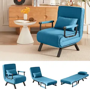 Convertible Sleeper Chair, 5 in 1 Folding Sofa Bed with 5-Position Adjustable Backrest & Pillow, Floor Single Chairs, Cozy Futon Chair for Small Spaces, Apartment, Bedroom, Office (Blue)