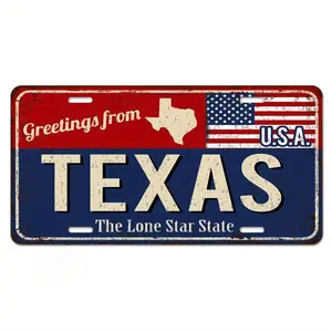 [Vintage Matte Finish Texas Plate] Texas Vintage Greetings Aluminum License Plate, Matte Finish, USA Flag & Lone Star State Design, Novelty Vanity Front Plate 6x12 inches