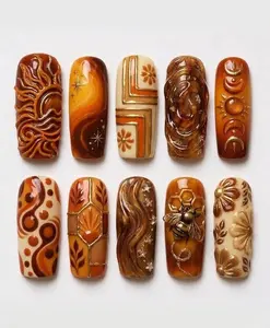 Terracotta Press On Nails Luxury 3D Honeybee And Celestial Sun Art Amber Ombre Gold Chrome