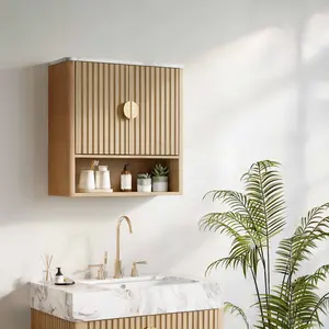 Wall-Mounted Bathroom Cabinet Organizer, Modern Chic 2-Door Storage Unit with Adjustable Shelf, White Faux Marble Top, Waveform Fluted Panels, 24H x 23W x 8D