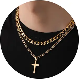 Cross Necklace for Men Boys, Stainless Steel Layered Cross Pendant Cuban/Figaro Chains Christmas  Gifts