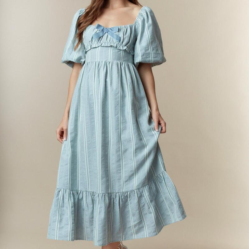 Front Velvet Bow Detail Bubble Sleeve Midi Dress