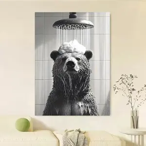 Framed Canvas 1pc Framed Canvas Art - Humorous Bear in Shower Design, Black & White Realistic Bear Illustration, Pine Wood Frame, Perfect for Home Decor, Living Room, Bedroom, Office, Bathroom, Unique Gift Idea for Birthdays, Valentine's Day, Mother'