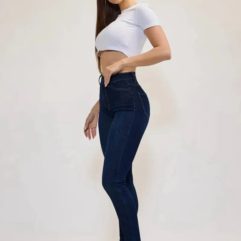 Women's High-Waist Dark Blue Vibrant Denim Jeans - Casual, Flattering Cut, Comfortable Fit Bottoms for Everyday Wear