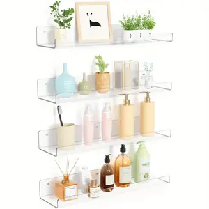 4 Pack Acrylic Shelves for Wall Storage, 15" Floating Bookshelves Display Shelf Organizer for Bathroom, Bedroom, Living Room, Kitchen, Room Decor, Clear