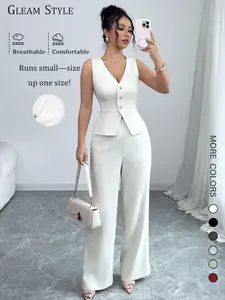 Women's Slim Fit V-Neck Sleeveless Top & Wide Leg Pants Set, Womenswear, Casual Plain Design, All Season Wear, Perfect for Daily