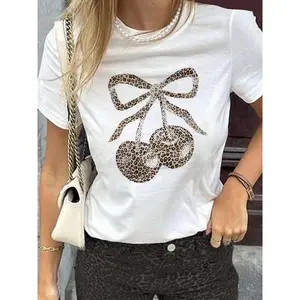 Women's Leopard Cherry & Bow Print Round Neck Tee, Casual Short Sleeve Crew Neck T-shirt for Daily Wear, Ladies Clothes for All Seasons