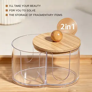 2-In-1 Transparent Cotton Swab Makeup Storage Box, Wooden Lid, Dual Compartment Bathroom Organizer, Space-Saving Vanity Tray, Natural Wood Finish