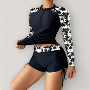 Women's 100% Cotton Palm Print Rash Guard Set - Long Sleeve UPF 50+ Sun Protection Shirts, Mid-Waist Regular-Length Shorts - UV-Protective Activewear for Swimming, Surfing
