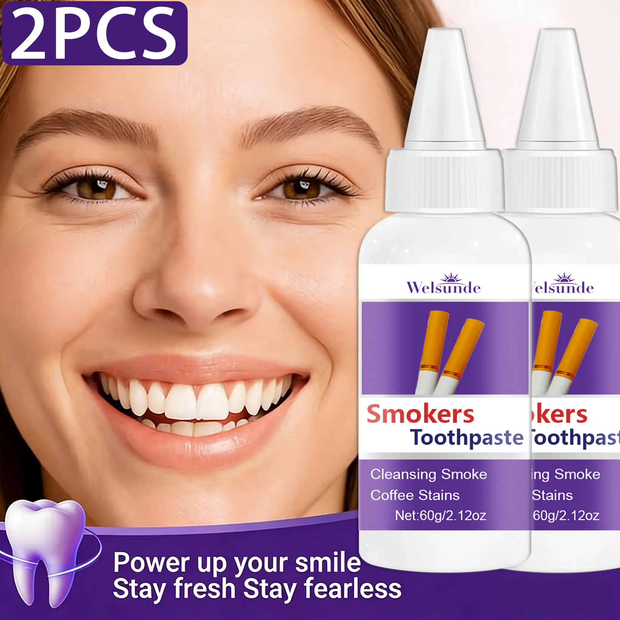 2PCS Smokers Purple Whitening Liquid Toothpaste, Remove Smoke Coffee Stains, Fresh Breath for Sensitive Teeth 60g