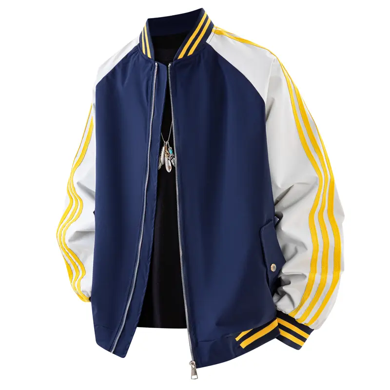 Men's Loose Color Block Baseball Jacket - Menswear Long Sleeve Raglan Top with 3 Stripes, Striped Rib Collar, Cuffs, Side Pockets, Classic Varsity Outerwear for Daily Commute, Streetwear, Tops, Stylish, Unisex