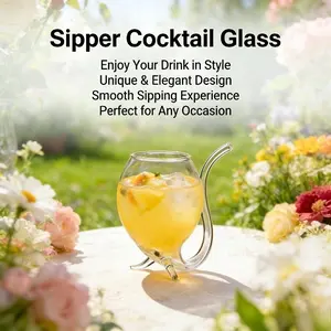 New Siphon Style Cocktail Glass with Integrated Straw – 300ml (10oz) Hand-Blown Vampire Shaped Glass for Home Bar, Parties, & Events – Clear Tumbler for Cocktails & Mocktails