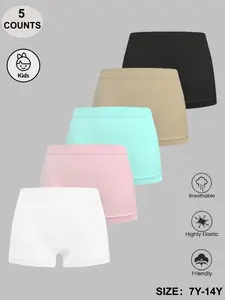 5-Pack Cute Girls Plain Elastic Boxer Shorts for Ages 7-14, Comfortable Basic Style Underwear for All Seasons, Safe and Stylish Kids' Underwear, Casual Soft Panties