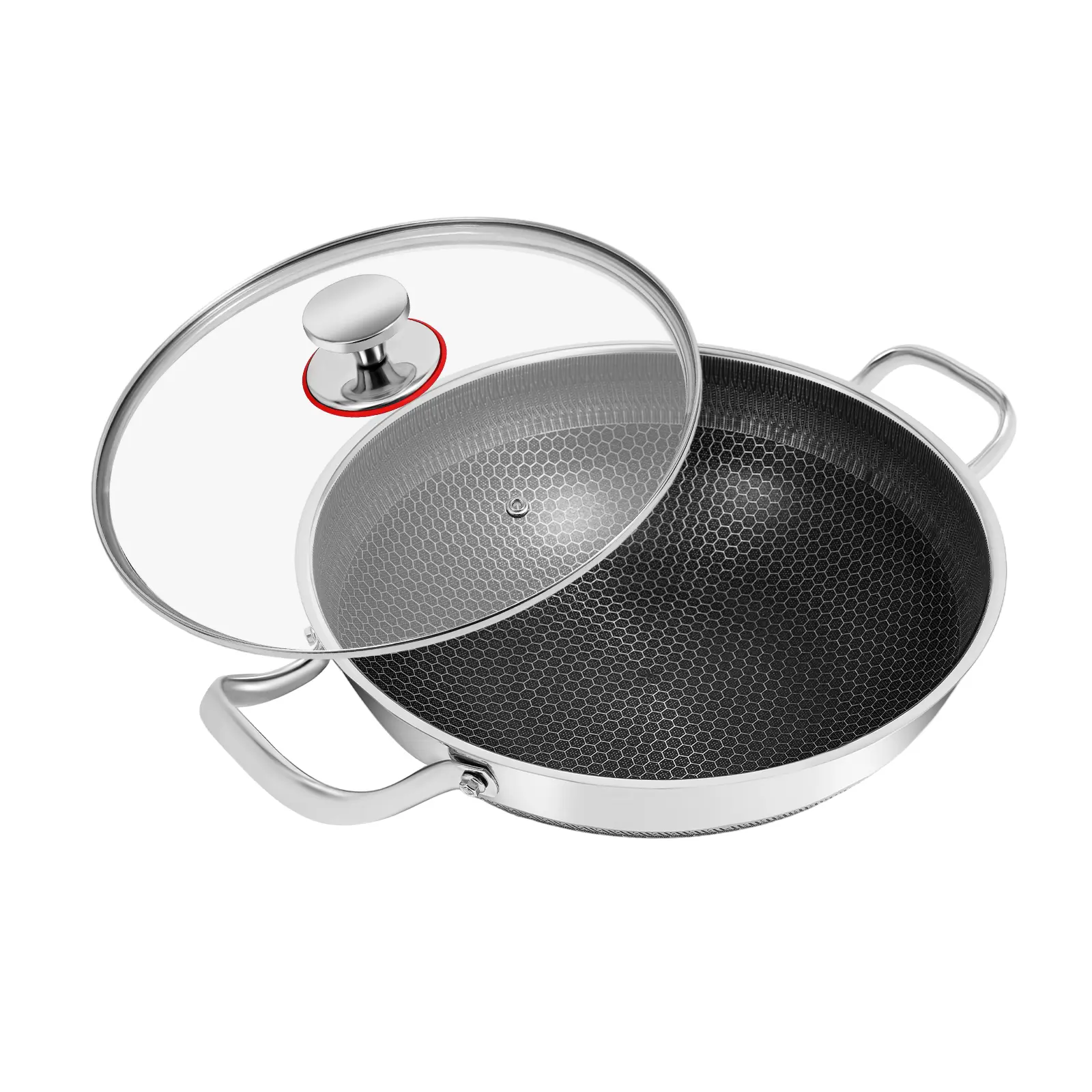 1 Pcs Round Silver Modern 316 Stainless Steel Frying Pot 32cm Non‑stick With Clear Glass Lid PFAS PFOA Lead Cadmium Free Deep Fry Pan Multi‑use Cookware For Household Kitchen Stir Fry Deep Frying Cooking Gift pan