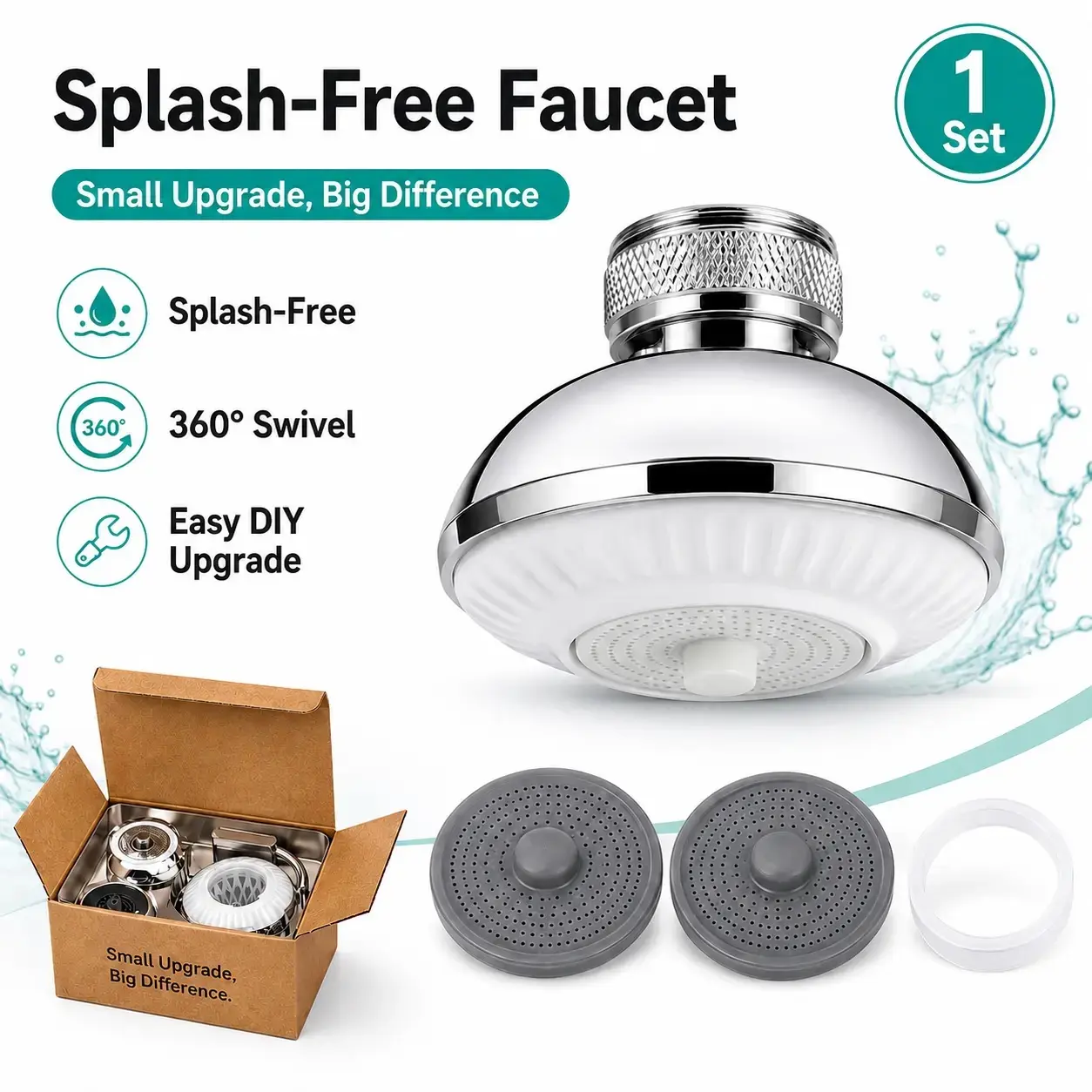 UFO Series Faucet Aerator Extension - 360° Rotation, 3-Mode Adjustable Flow, ABS Plastic Anti-Splash Wide Spray Indoor Sink Sprayer Attachment, Easy DIY Upgrade, Universal 55/64 in Female Thread Kitchen Tap Replacement