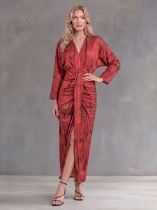 LikeMyChoice 2026 Women’s Red Tie-Dye Casual Maxi Dress - Ruched Waist, Slit Hem, Kimono Sleeves, Fabric-Enhanced Formal Cocktail Dress