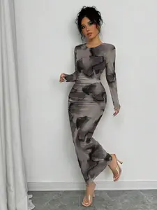 Elegant Gradient Ombre Long Sleeve Slim Fit Women's Dress, Lady, Womenswear, Spring & Fall Fashion, Stylish Long Skirt, Perfect for Casual Wear