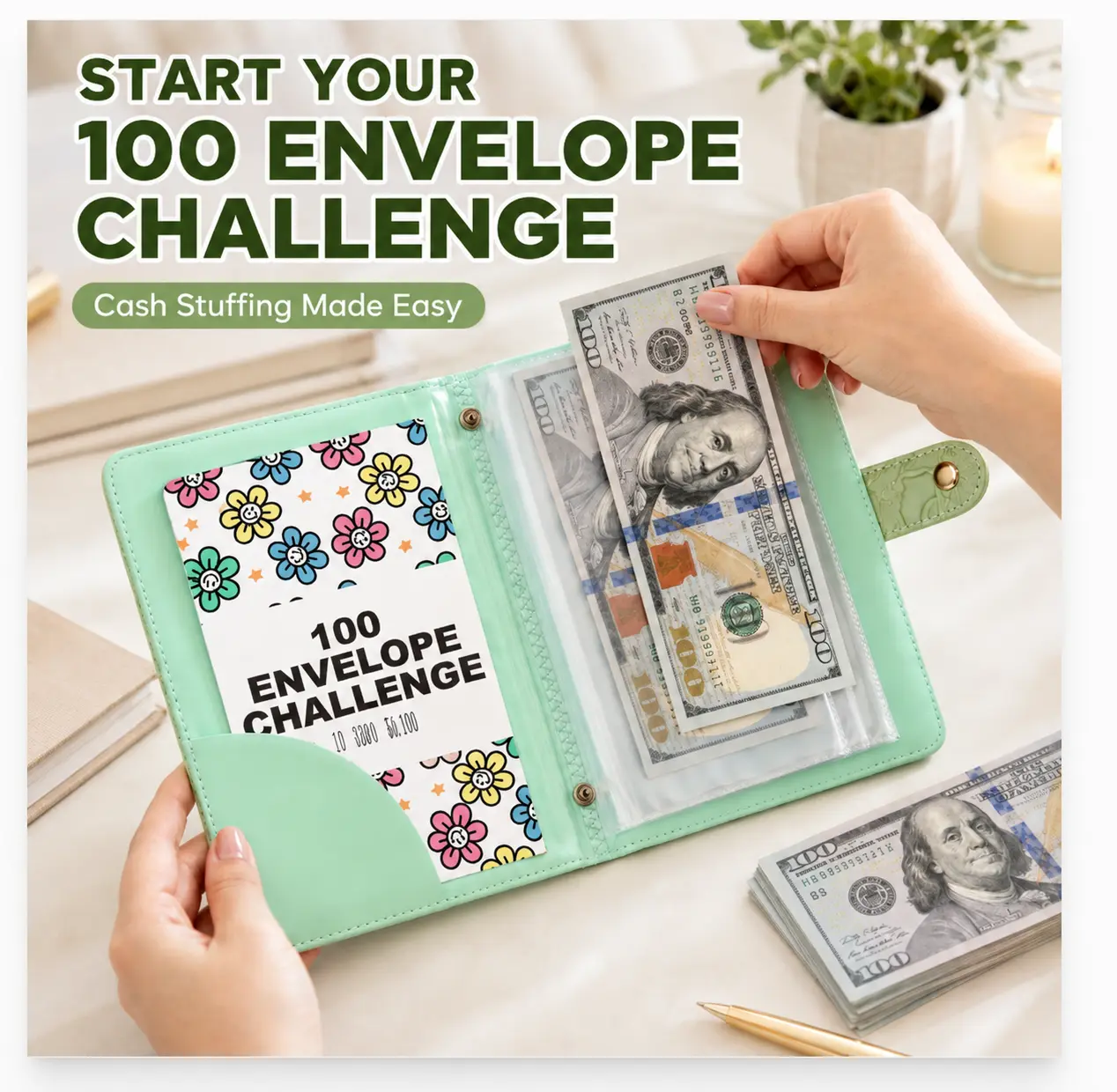 A6 Cash Stuffing Budget Binder Kit - 100 Envelope Challenge Organizer with 50 Double-Sided Cash Sleeves and Savings Tracker Card (Home Supplies Piggy Bank Accessory) money jars