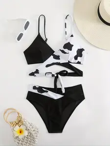 Women's Colorblock Print Bikini Set, Casual Fashion Chic Swimsuit Set for Beach Holiday Vacation, Ladies Swimwear for All Seasons, Color Block Swimsuits