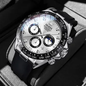 OLEVS Watches for Men Waterproof Chronograph Analog Multifunction Moon Phase Silicone Diamond Luminous Wrist Watches Rubber Band Stainless Steel