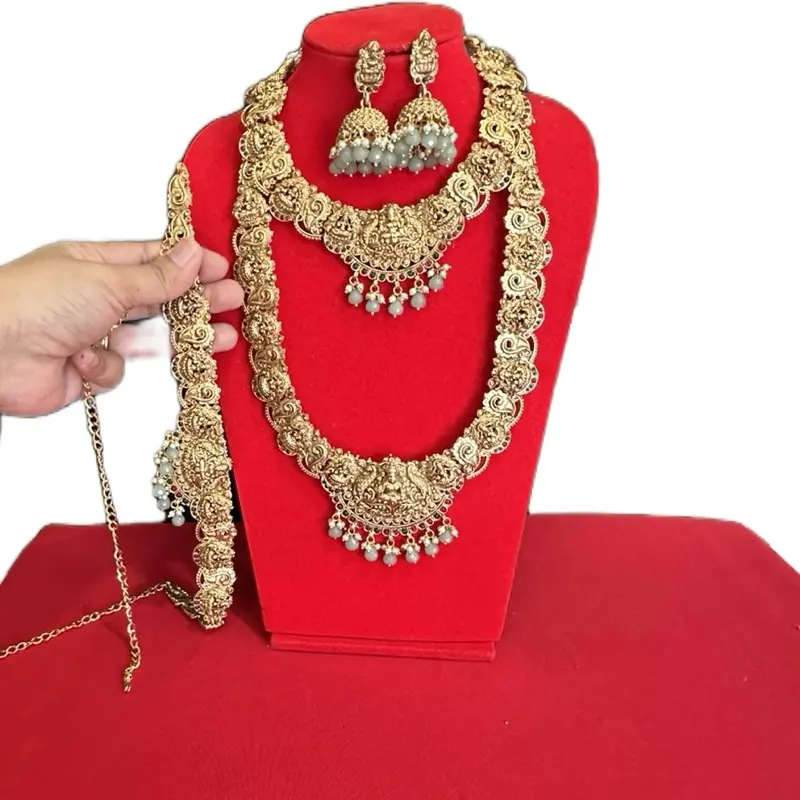 Gold Plated Temple Jewelry Set for Women, Traditional Antique Design Necklace with Matching Earrings and Belt Combo for Festivals & Special Occasions, Combo Set, Metal Coating, Female, Temple Motif, Wedding, Clip Earrings