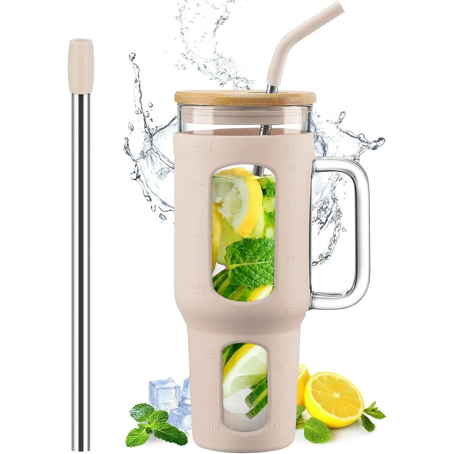 Glass Tumbler with Lid and Straw, 46 oz Iced Coffee Cup with Handle, Large Water Bottles with  Sleeve, Glass Cup with Straws -  Straw & Drinking Straw -