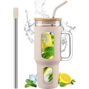Glass Tumbler with Lid and Straw, 46 oz Iced Coffee Cup with Handle, Large Water Bottles with  Sleeve, Glass Cup with Straws -  Straw & Drinking Straw -