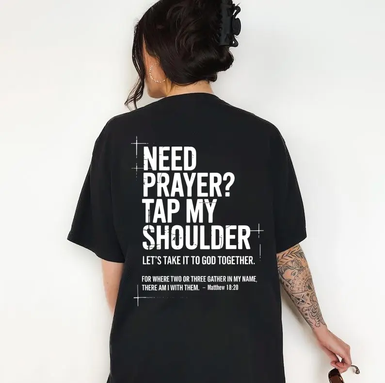 Women's Short-Sleeve Seamless Cotton T-Shirt - Round Neck, Smooth Soft Fabric, Christian "Need Prayer Tap My Shoulder" Bible Verse Graphics, Casual Solid Design