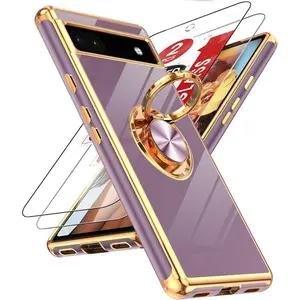 for  6A Case: with Tempered Glass Screen Protector [2 Pack] 360? Rotatable Ring Holder  Kickstand,  Rose  Edge for  Pixel 6A Case, Purple