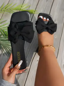 Women's Bowknot Design Slide Sandals, Boho Style Flat Sandals for Beach Vacation, Casual Versatile Shoes for Women & Girls, Summer, Footwear