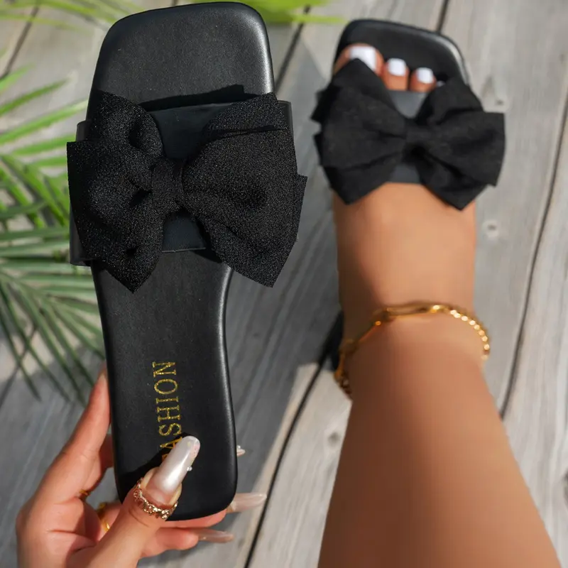 Women's Bowknot Design Slide Sandals, Fashionable Comfy Sandals, Flats Sandals, Boho Style Flat Bohemian Sandals for Beach Vacation, Casual Versatile Shoes for Women & Girls, Summer, Footwear