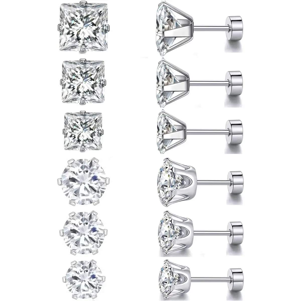 Women's 6-Pair Hypoallergenic Earrings Set - Gold Plated Stainless Steel Round & Square Diamond, Flat Back Tarnish Free Titanium Steel, Daily Wear Versatile Fashion Jewelry Holiday Gift