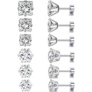 6 Pairs of Stainless Steel Round Square Diamond Earrings Set, Titanium Steel Anti Allergy, Women's Holiday Gift, Fashionable Jewelry