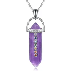 Chakra Necklace Women 925 Sterling Silver Crystal Pendant Gemstone Necklace for Spiritual Energy Healing, Hexagon Pendant Divination for Men and Women