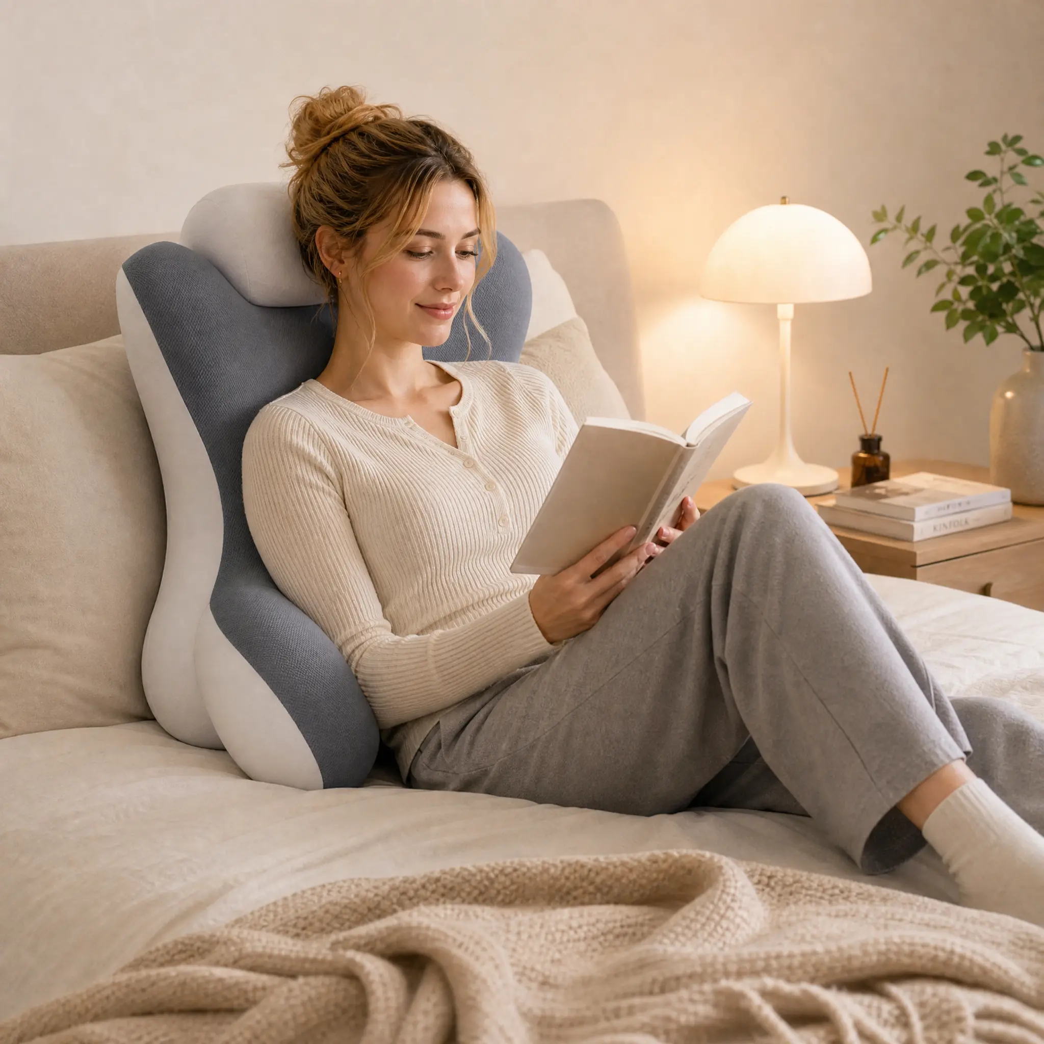 Grey Memory Foam Reading Lounger Pillow with Removable Neck Pillow, Ergonomic Back Support Cushion, Armrests for Bed & Couch