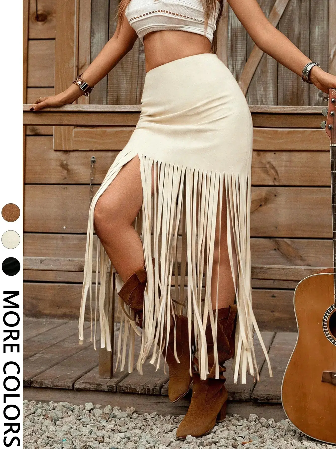 Women's Faux Camel Suede Soft Fringe Hem Mini Skirt, Casual Basic Spring Summer Country Music Festival Wear, Plain Design, Fitted A-Line Fit, Womenswear, Bottom