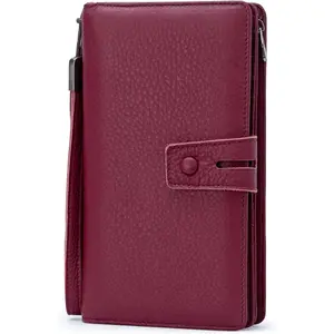Women's Big  Rfid Leather Wristlet Wallet Organizer Large Phone Checkbook Holder with Zipper Pocket ( Red)