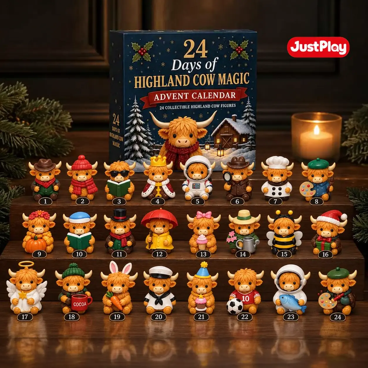【JustPlay Design】2026 New 24-Day Highland Cow Advent Calendar - Christmas Countdown Gift Box with Collectible Mini Figurines, Festive Holiday Home Decor Toy Set, Ideal Present for Kids & Cow Enthusiasts
