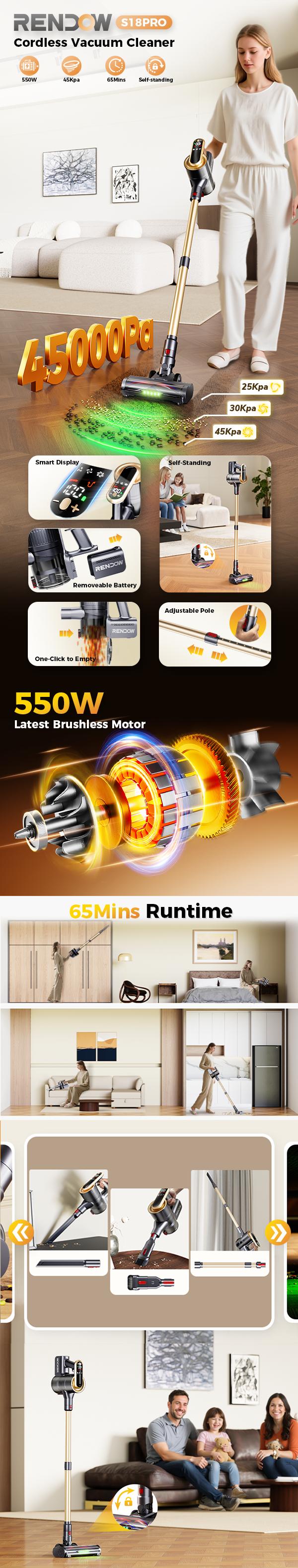 RENDOW Cordless Vacuum Cleaner, 550W 45Kpa 65Mins Vacuum Cleaners for Home, Self-Standing Cordless Stick Vacuum with LED Display,Anti-Tangle Rechargeable Wireless Vacuum for Pet Hair/Carpet/Hard Floor